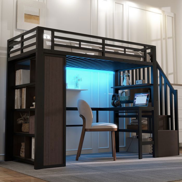Lit  mezzanine90 x 200 cmavec bureau compartiment de rangement bande lumineuse LEDnoir