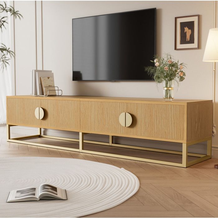 Meuble TV bas 180x40x40 cm effet bois 4 portes avec charnières soft-close poignées demi-rondes MDF