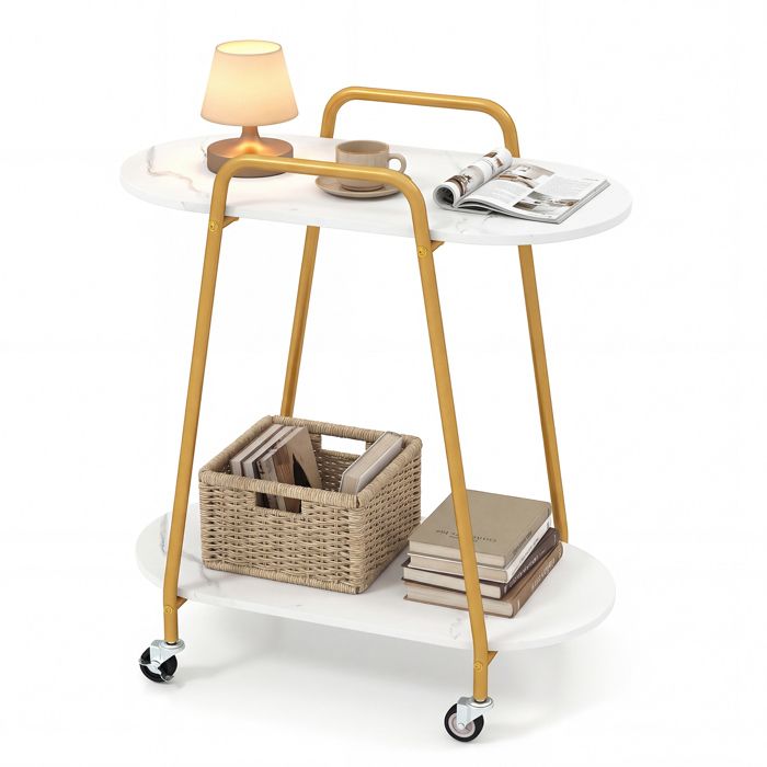 COSTWAY Table dAppoint à 2 Niveaux avec Roulettes Plateau en Marbre Synthétique Structure Métallique Robuste 60 x 33 5 x 68 5 cm