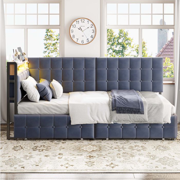 Lit banquette 90x200 cm avec LED dossier rembourré et 2 tiroirs tissu et métal gris (Sans matelas)