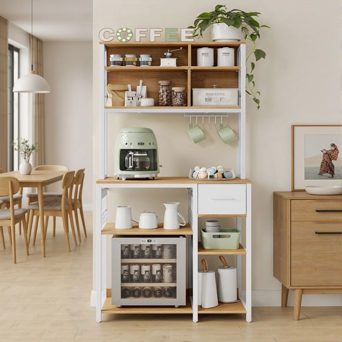 Desserte de cuisine avec prises étagère pour micro-ondes étagères réglables tiroir en tissu 401 x 801 x 1805 cmchêne blanc