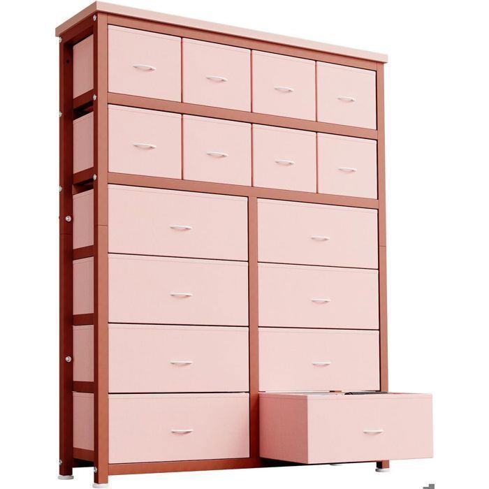 Commode de chambreCommode haute à 16 tiroirs en tissuDesign moderneMeuble de Rangement pour Chambre pour salon ou lentréeRose