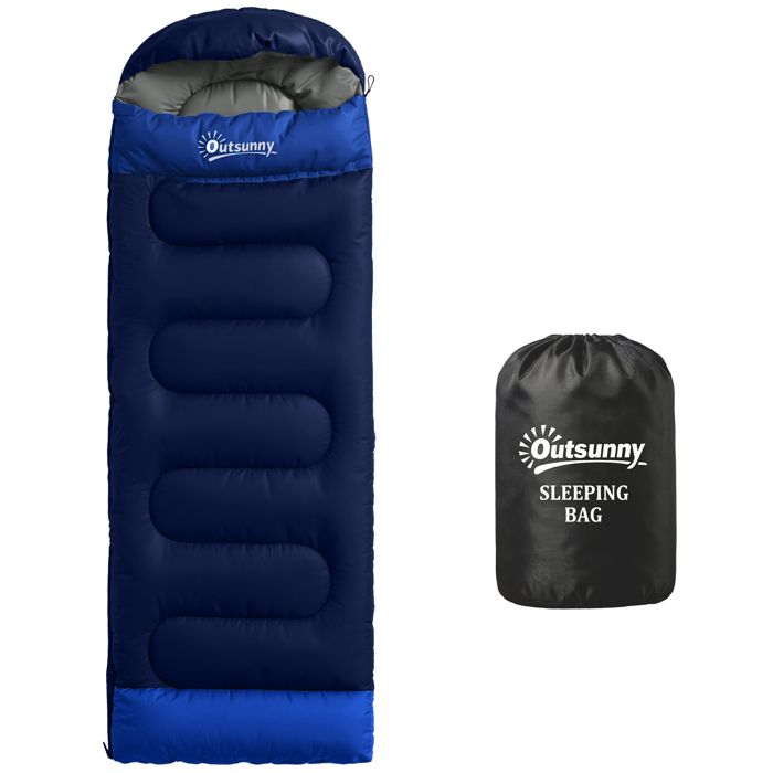 Sac de couchage - Outsunny - section tête fermeture éclair et sac de rangement - polyester coton - 215x75x10cm - bleu marine
