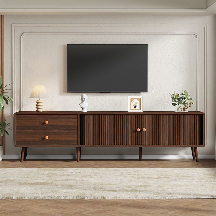 Meuble TV 180x40x46 5cm Banc TV Effet Noyer 2 Tiroirs 2 Portes Coulissantes Support TV 80 Pouces Salon Moderne