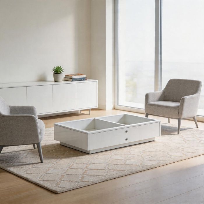 Table basse - Double fonctionnelle 360° - Plateau rotatif - Étagère inférieure - Finition laquée blanc marbré