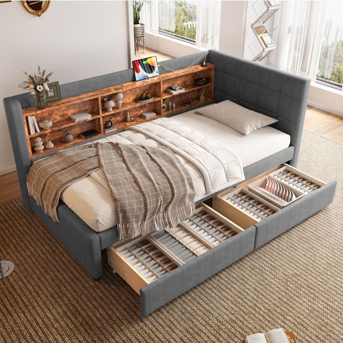 Lit Combiné avec 2 Tiroirs USB Type-C et Niches de Rangement - ELVMI - en Lin et MDF Gris 90 × 200 cm