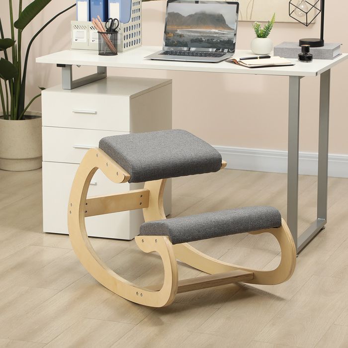 Chaise de bureau ergonomique à bascule pour posture corrigée - YEAVIO - appui-genoux bois de bouleau - gris