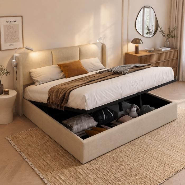 Lit coffre 160x200 cm lit double capitonné avec lampe de lecture et USB adapté aux adultes et adolescents Beige lin