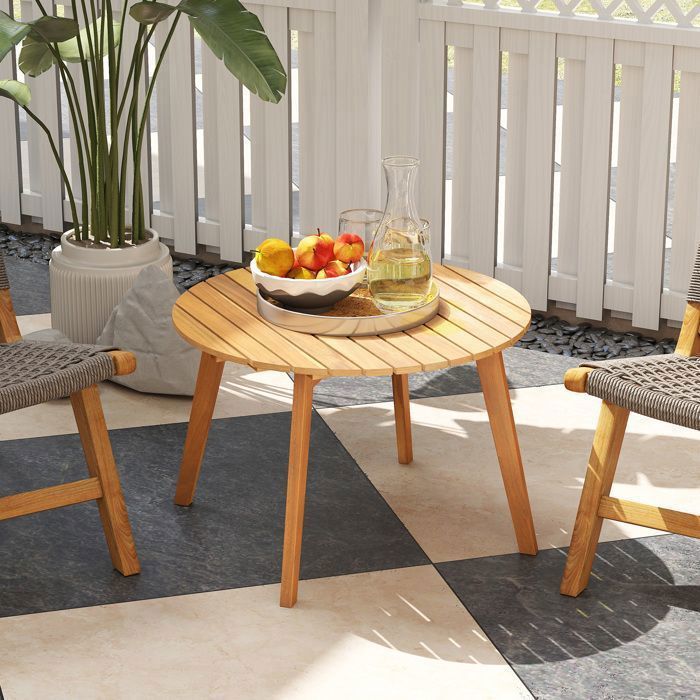 Table de Jardin Extérieur en Bois dAcacia COSTWAY Plateau à Lattes Structure Renforcée X Charge 75 kg Table Ronde 62x62x40cm