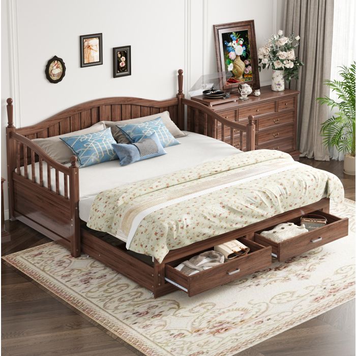 Canapé-Lit Extensible Convertible avec 2 Tiroirs Dossier Galbé et Sommier à Lattes - TCQPZ - en Pin Noyer Naturel 90 × 190 cm