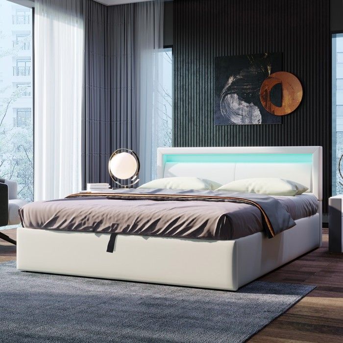 Lit capitonné - N634P237044W - 140x200 cm - Coffre de rangement - LED intégrée