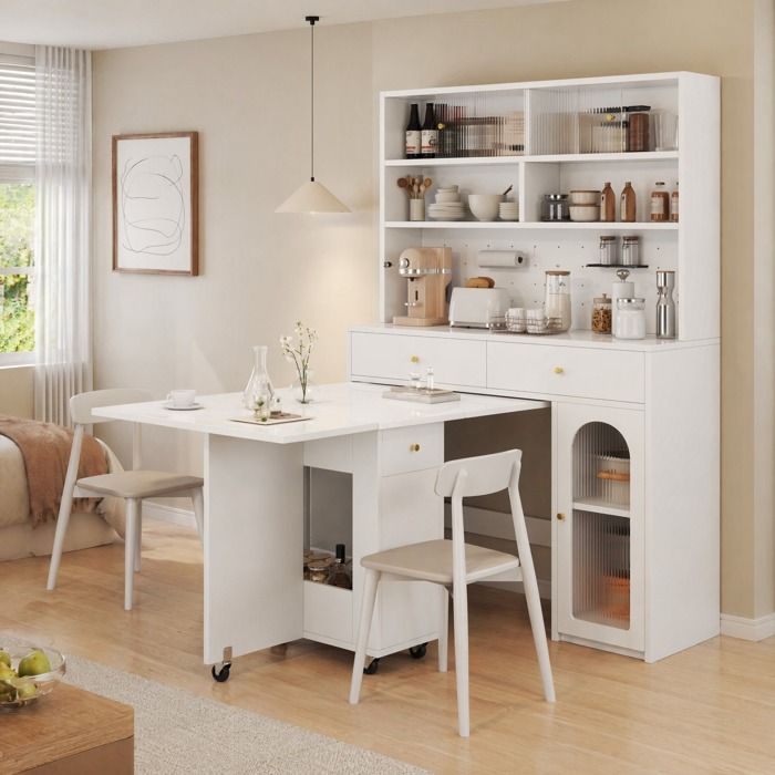 Buffet de cuisine haut avec table pliante sur roulettes rangements intégrés portes en verre cannelé MDF blanc - UVRION