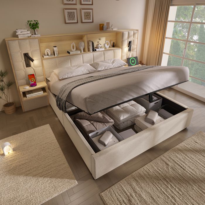 Sommier coffre hydraulique avec 2 liseuses 2 tables de chevet intégrées - TCQPZ - lin beige 160x200