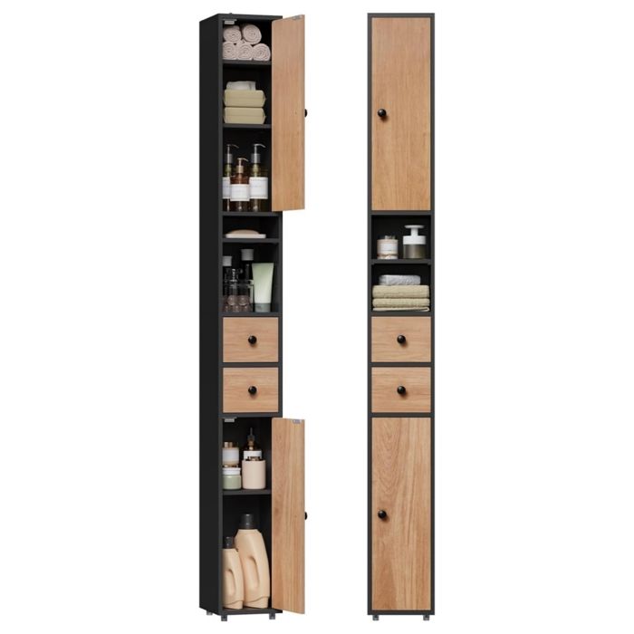 Colonne de Salle de Bains - EUGAD Armoire WC - 2 Tiroirs 2 Portes - 20x20x180cm - Noir+Bois Clair