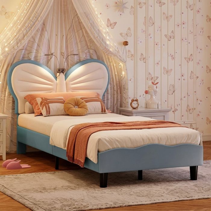Lit Enfant 90x190 cm Lit Simple avec Tête de Lits Réglable en Hauteur en Forme de Papillon et Liseuse Sommier à Lattes Velours