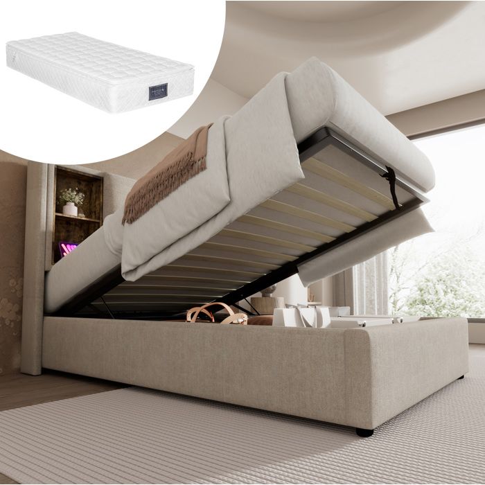 Lit coffre 90x200 cm - Lin naturel - Chargement sans fil USB USB-C - Avec matelas 7 zones