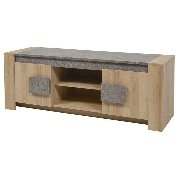 Meuble TV 2 portes aspect bois et pierre - FANIO