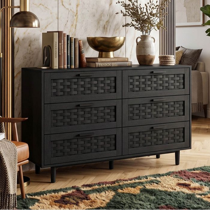 Commode 6 Tiroirs - 115x40x80 cm - Anti-basculement & Grand Stockage - Buffet en Bois Noir et Tiroir Tissage PVC Effet Rotin