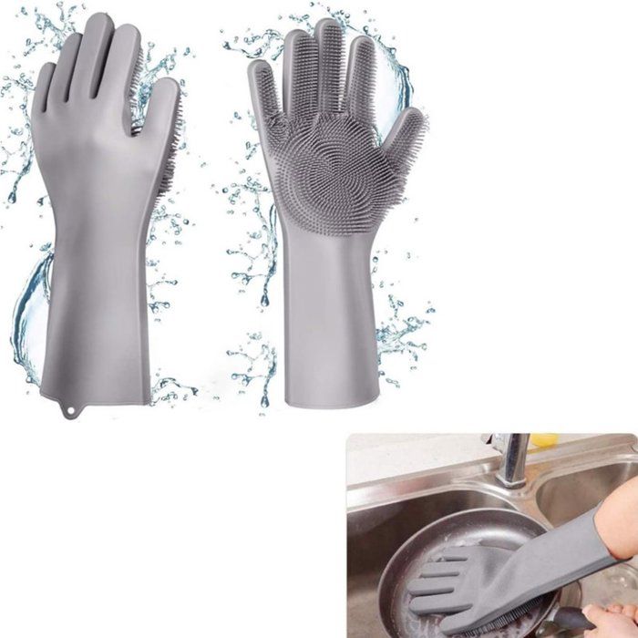 Gants de vaisselle en silicone brossants lot de 2 taille unique gris nettoyage cuisine et maison