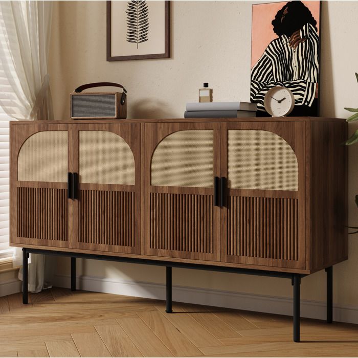 ROVRYN Buffet bas 4 portes 140 x 40 x 80 cm effet rotin decor bois noyer MDF coloris naturel