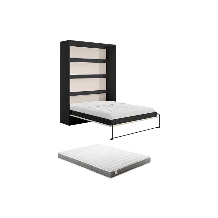 Lit escamotable 160 x 200 cm - Ouverture verticale manuelle - Noir et beige + Matelas - RAPILI Lit escamotable 160 x 200 cm - Ouverture verticale manuelle - Noir et beige + Matelas - RAPILI