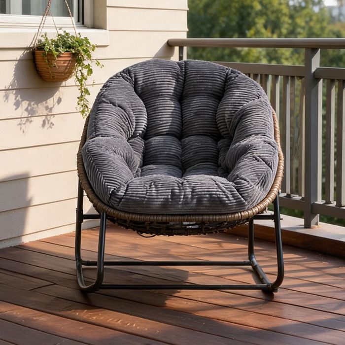 Fauteuil à bascule suspendu en acier et rotin synthétique gris classique assise balançoire ergonomique pour véranda salon ou