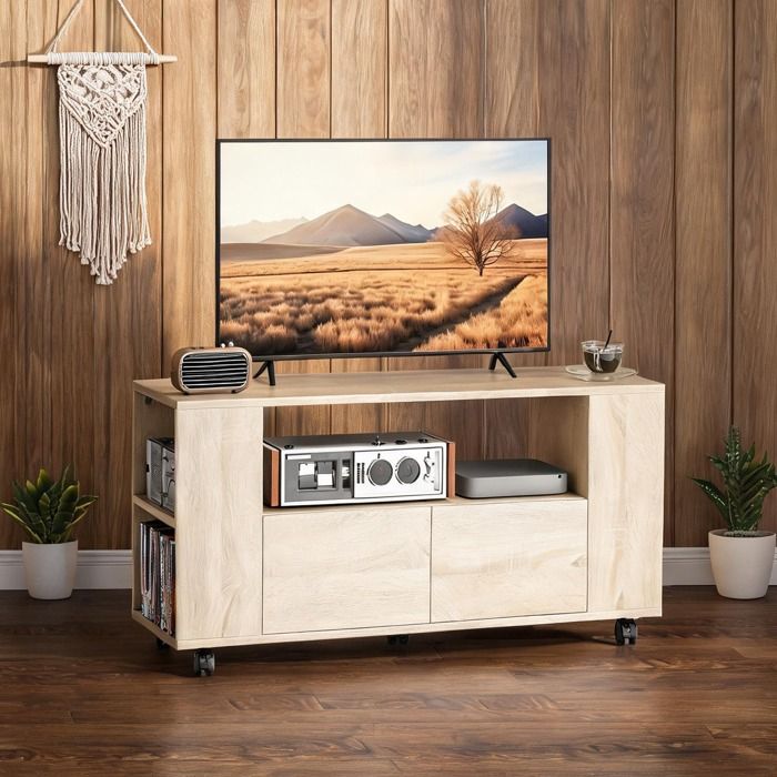 Meuble TV sur roulettes en bois naturel 102 cm rangement 2 tiroirs et niches ajustables pour salon