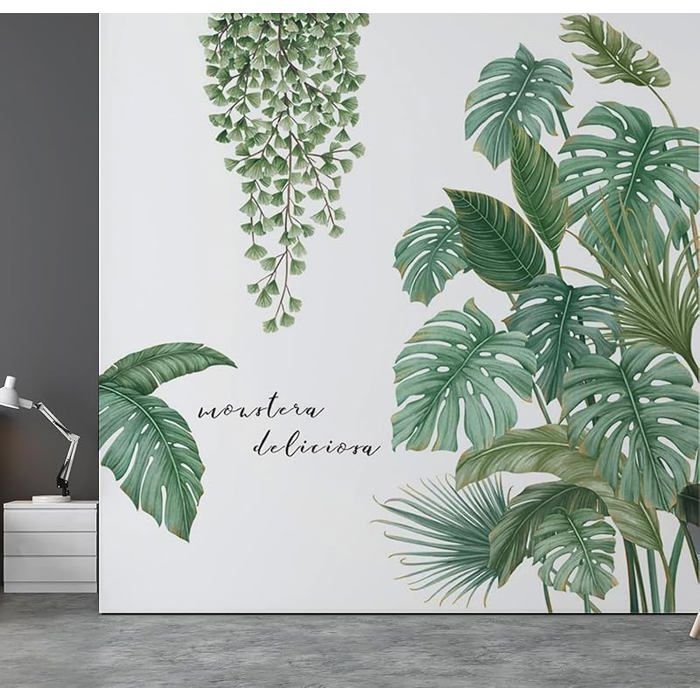 Feuilles Tropicales Vertes Autocolnt Mural Nature Pnte 2 Pièces Stickers Jungle pour Chambre Salon Burea OBJET DE DECORATION MURALE