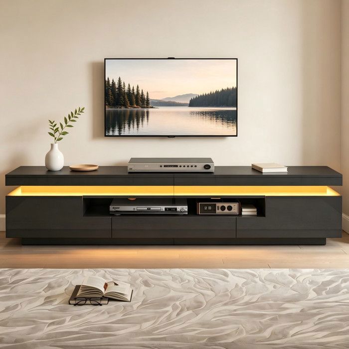 Comfyu - Meuble TV rectangulaire laqué brillant 175 cm de long - avec 2 caissons en L et 1 tiroir éclairage LED - Noir