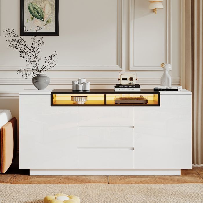 VUENOR Buffet bas 140 x 40 x 68 cm blanc et noir brillant – 2 portes 3 tiroirs LED