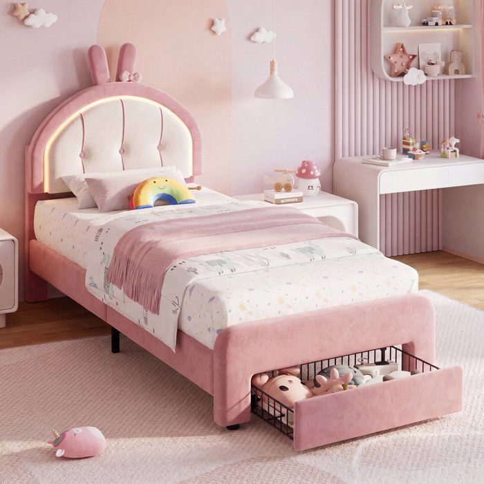 Lit Enfant 90×200 cm Velours Rose Tête de Lit Motif Lapin avec LED RGB 1 Tiroir de Rangement à Roulettes Sommier à Lattes Robuste