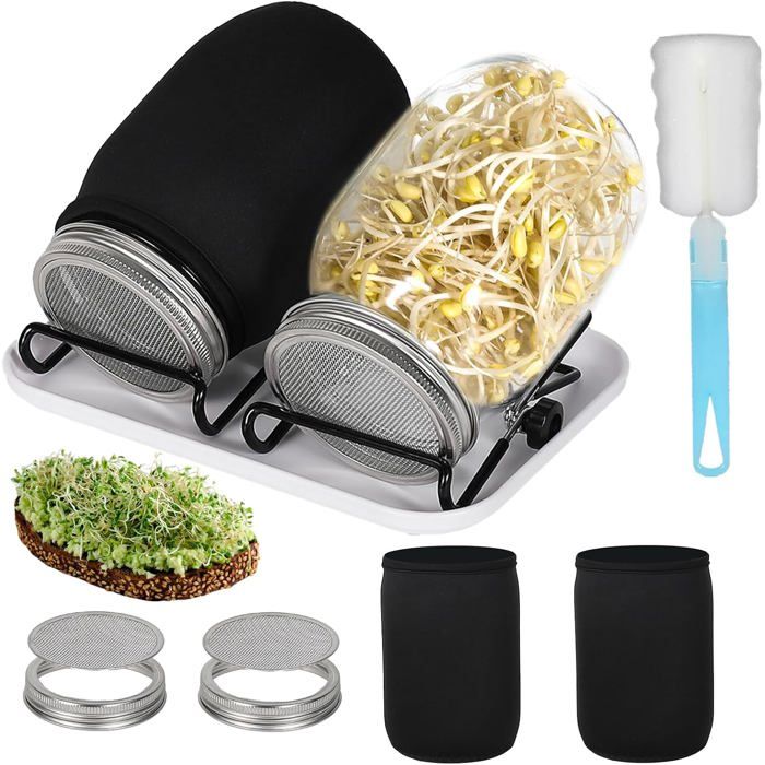 Kit Germination 2 Bocaux 1000ml - Acier Inox 304 et Verre - Système Complet avec Support Réglable - Pour Pousses Bio Maison ABRIBUS
