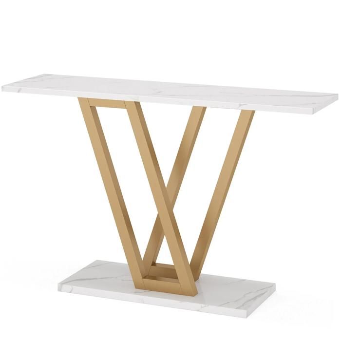 SENVIRO Table console étroite 110 x 30 x 80 cm blanc et or effet marbre blanc piètement métallique en V