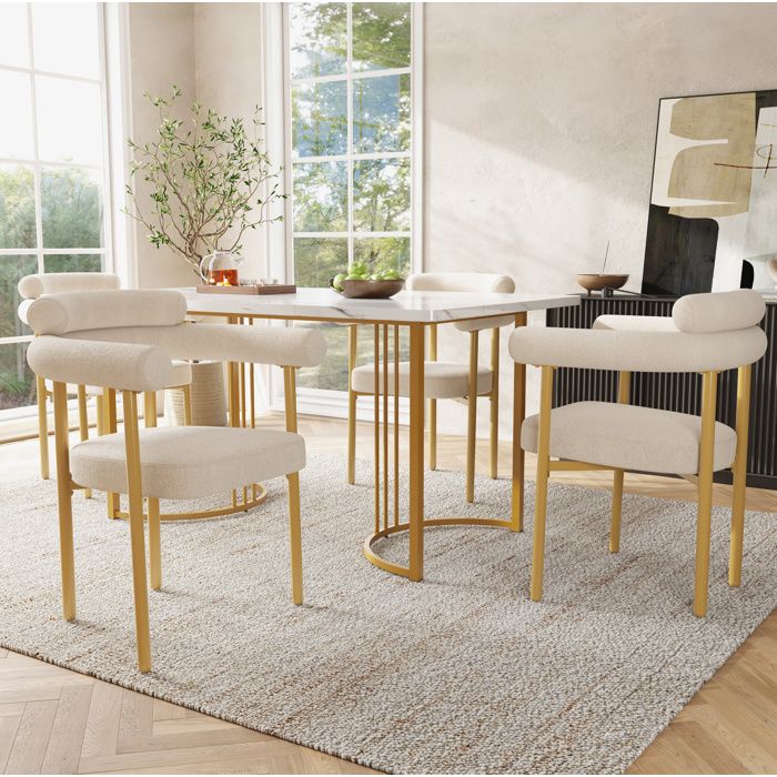 Ensemble Table et Chaises avec 1 Table et 4 Chaises - LPOSPI - pour 4 Personnes - Métal MDF et Tissu - Beige et Doré