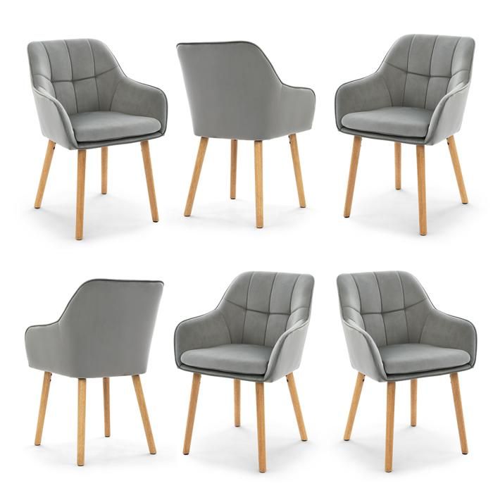 GOEURVANT Lot de 6 Chaises de Salle à Manger Velours Gris Clair Chaise Capitonnée Ergonomique avec Accoudoirs Pieds Bois Salon