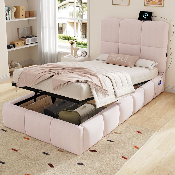 Lit coffre enfant - ZEVKOR - 90×200 cm - Velours rose - Grand rangement hydraulique - Sommier à lattes