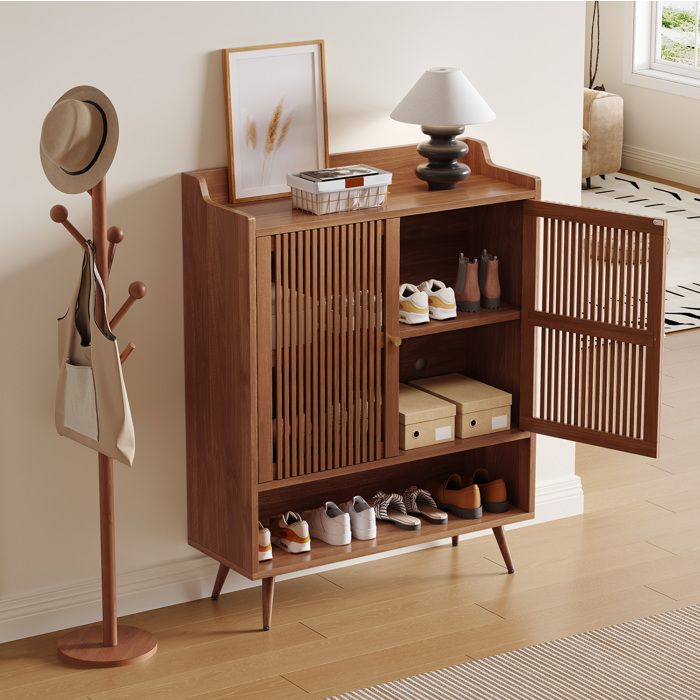 MEULVA Meuble à chaussures d’entrée 80 x 35 x 105 cm porte à rainures étagère fixe coloris walnut