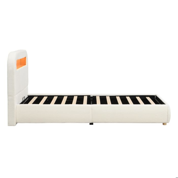 Lit enfant 1 place 90 x 200 cm blanc en bouclé avec coffre hydraulique sommier inclus et LED intégrée