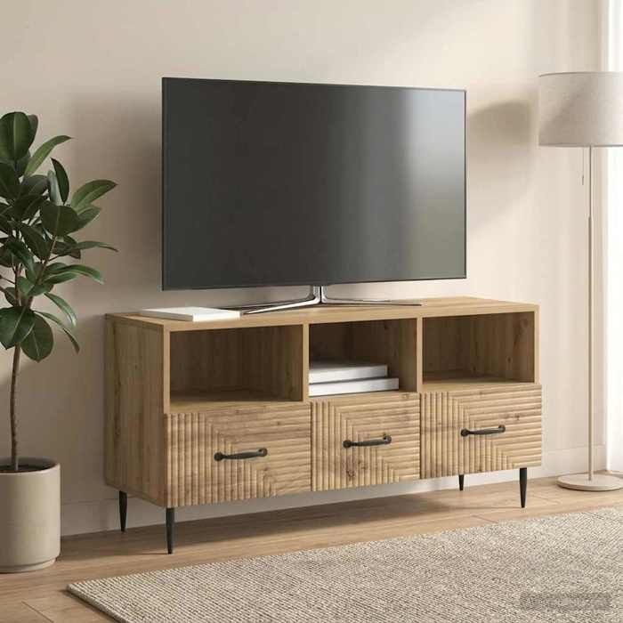 Meuble TV - MAISON EXCLUSIVE - 102 x 34 5 x 50 cm - Chêne artisanal - Pieds métal noir - Bois dingénierie