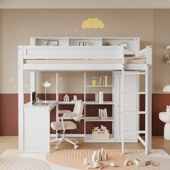 Lit superposé enfant avec rangement bureau et armoire 90x200 blanc en pin