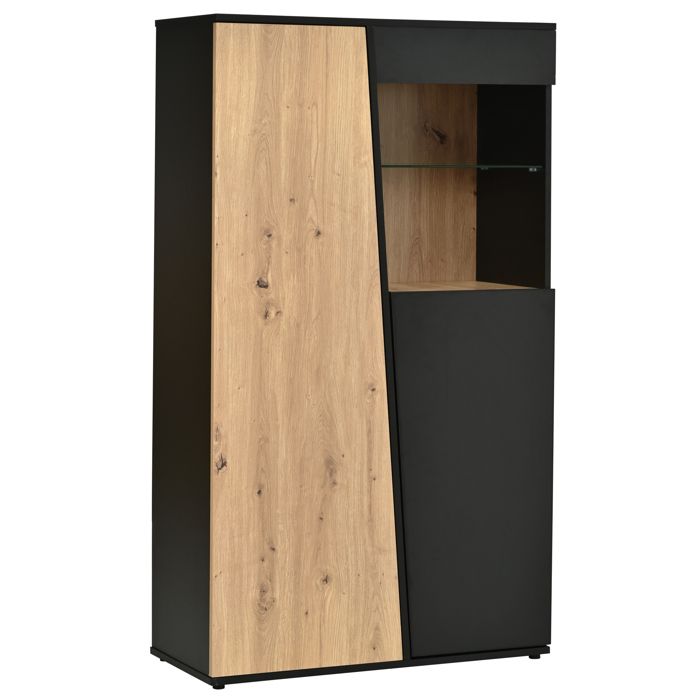 Vitrine haute noir et décor bois naturel avec LED Bluetooth 2 portes et 7 étagères 80 x 35 x 139 5 cm