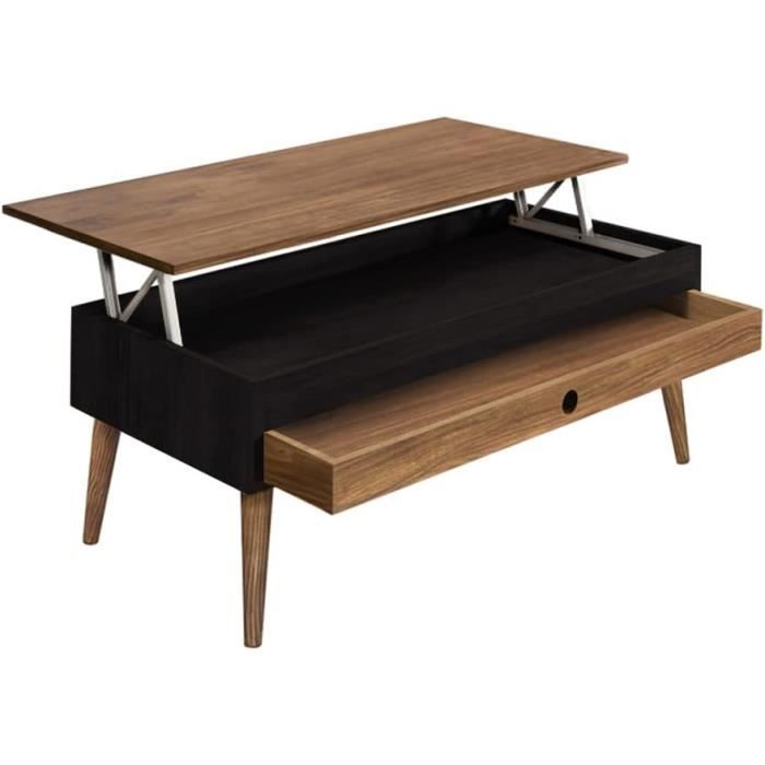 Table Basse Noire Avec Plateau Relevable Et LED RGB - 1 Tiroir, Rangement - Dimensions 100x49x40cm - Panneaux Particules + Verre