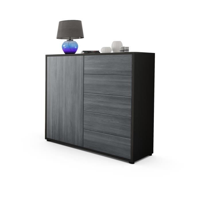 Buffet Bari V1 - Dressoir 139 X 72 X 35 Cm, Corps Noir Mat / Façades Chêne Brut