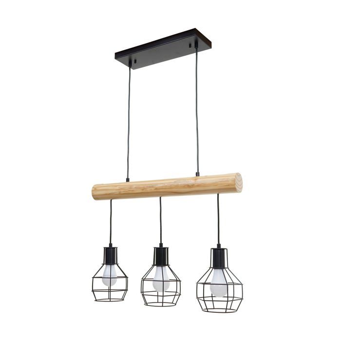 lampe suspension lustre style industriel vintage bois massif metal noir 3 abat-jour en treillis