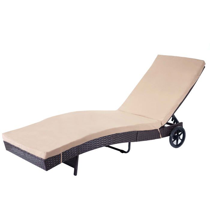 chaise longue transat bain de soleil pour jardin terrasse en poly-rotin marron coussin beige