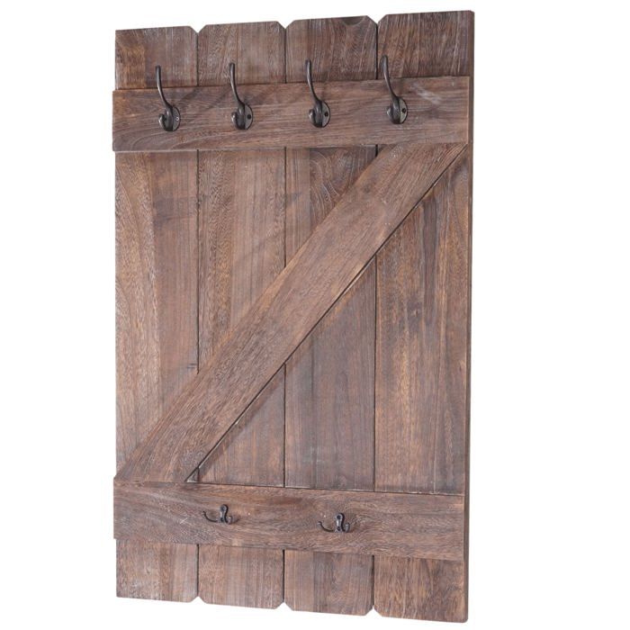 Porte manteau mural panneau avec 6 crochets 91x60cm bois de pin marron 04_0001009