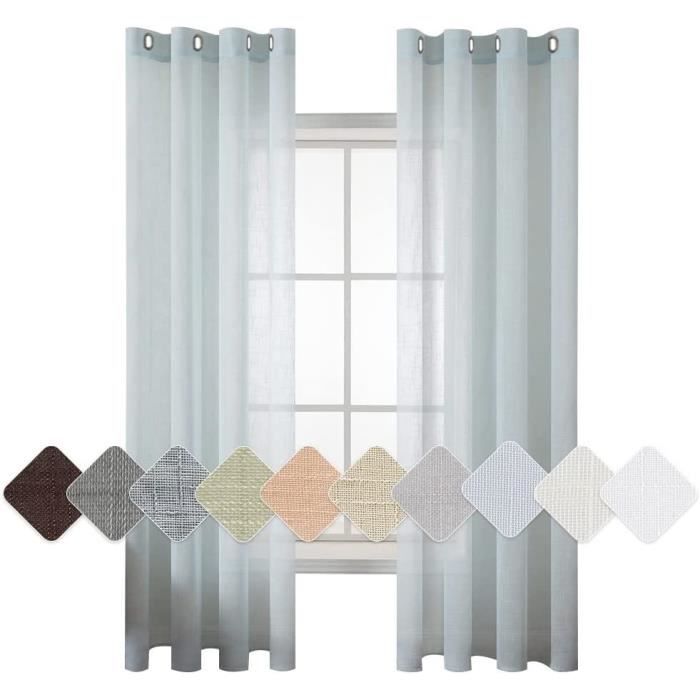 Rideaux Voilages Lin Imitation 140x245cm - 2 Pièces - Oeillets Métalliques - Style Vintage - Bleu