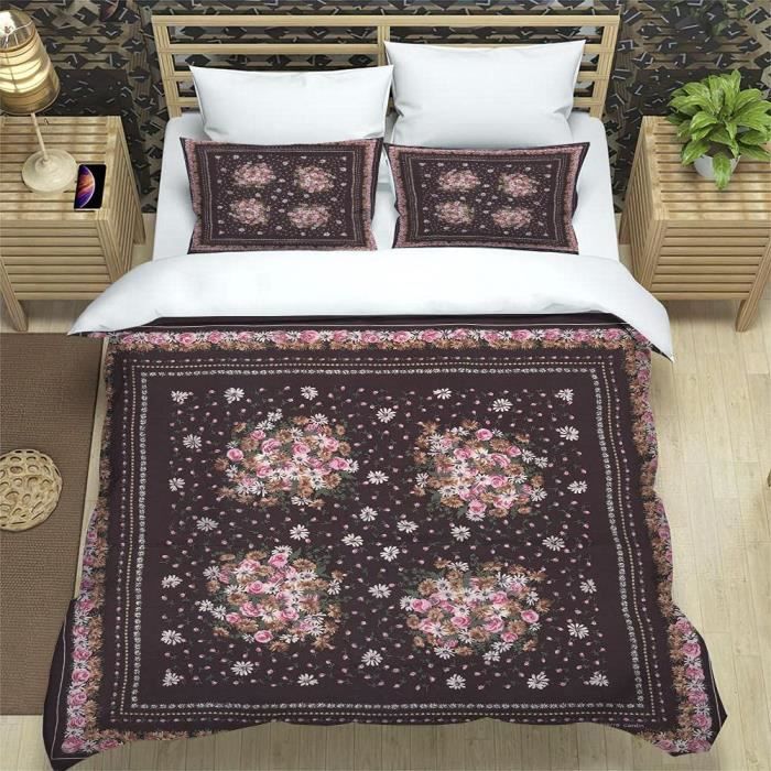 Housse de Couette Fleur Rose Parure de Lit avec Fermeture Éclair Doux