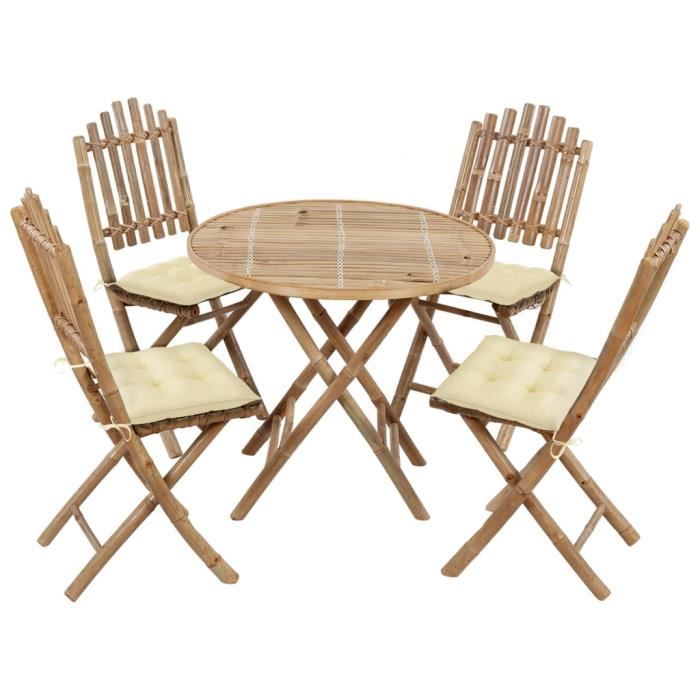 Ensemble repas de jardin pliable & Set de 1 Table à dîner et 4 Chaises & avec coussins Bambou - Qualité luxe©