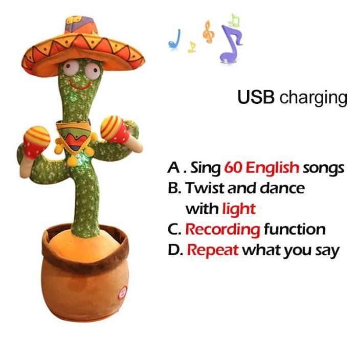 Peluche Cactus parlant, danse et répète vos mots, 120 chansons